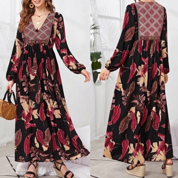 Dresses & Skirts - Boho Leaves V Neck Long Sleeve Dress